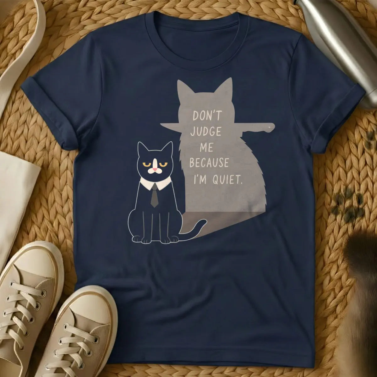 Don't Judge Me Cat Shirt - Navy T-Shirt - cat parent irony, feline overlord apparel, judgmental feline humor