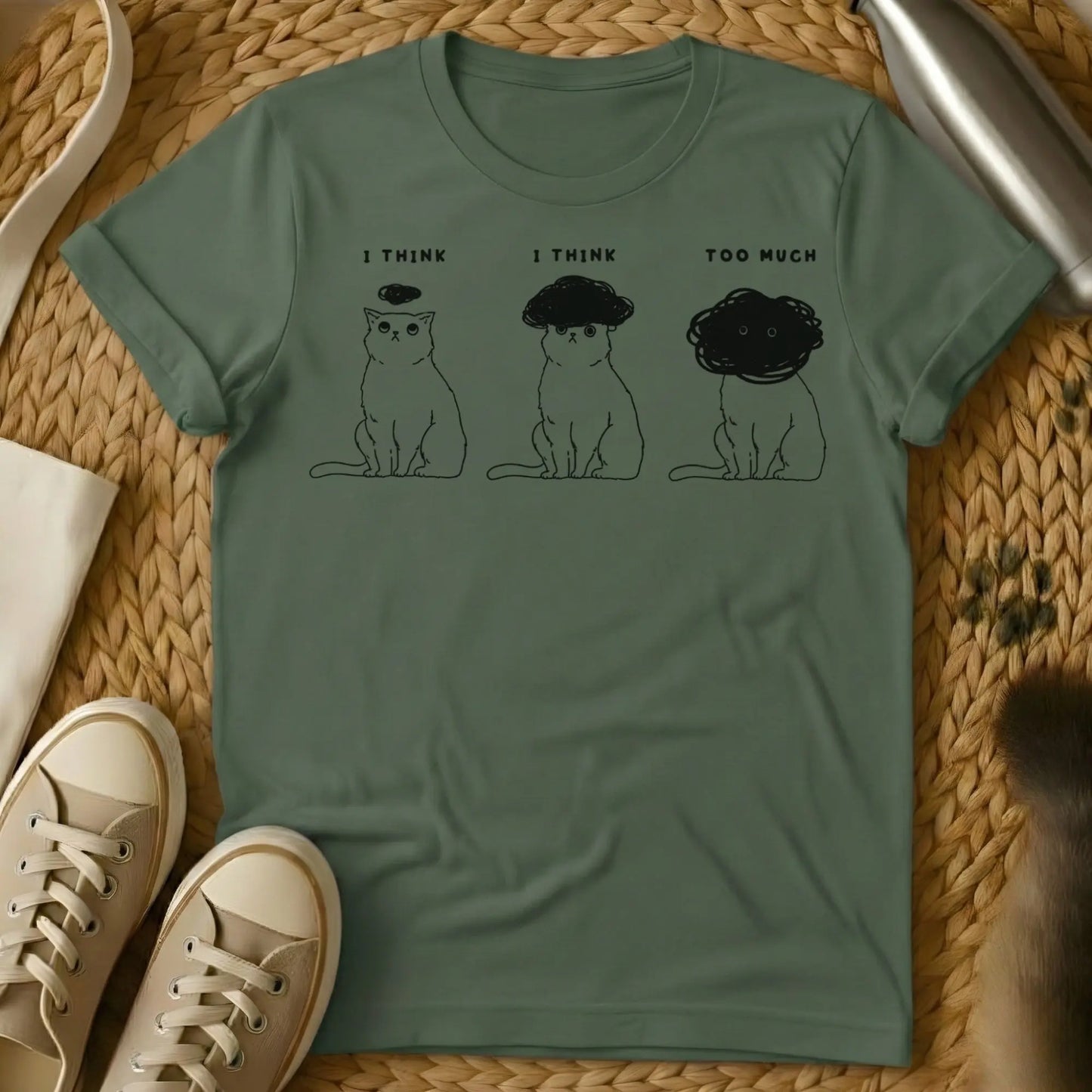 Thinking Cat Shirt - Military Green Cat T-Shirt