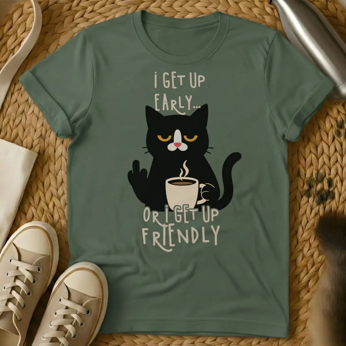 Wake Up Cat T-Shirt - Military Green Cat T-Shirt