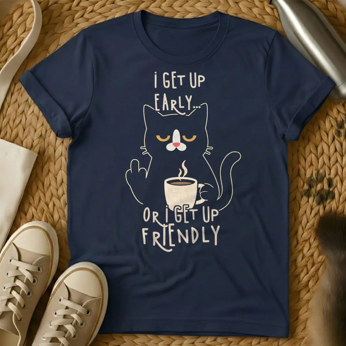 Wake Up Cat T-Shirt - Navy Cat T-Shirt