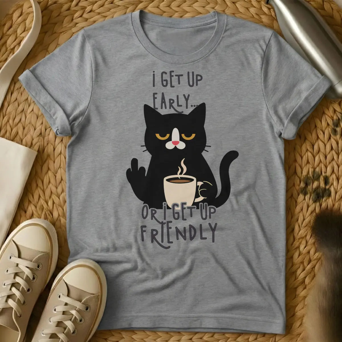 Wake Up Cat T-Shirt - Gray Cat T-Shirt