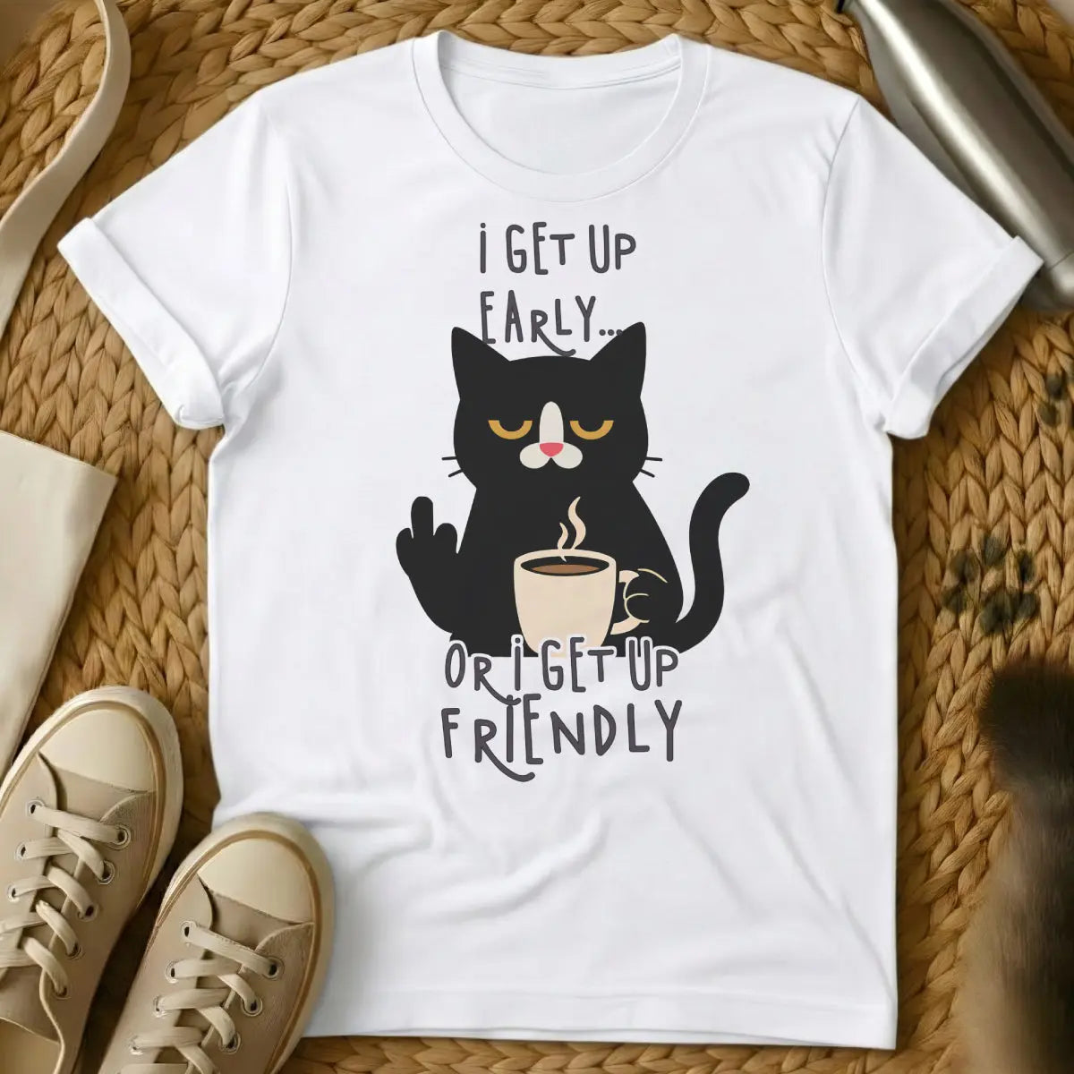 Wake Up Cat T-Shirt - White Cat T-Shirt