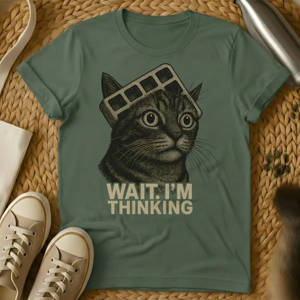 Think Cat T-Shirt - Military Green Cat T-Shirt