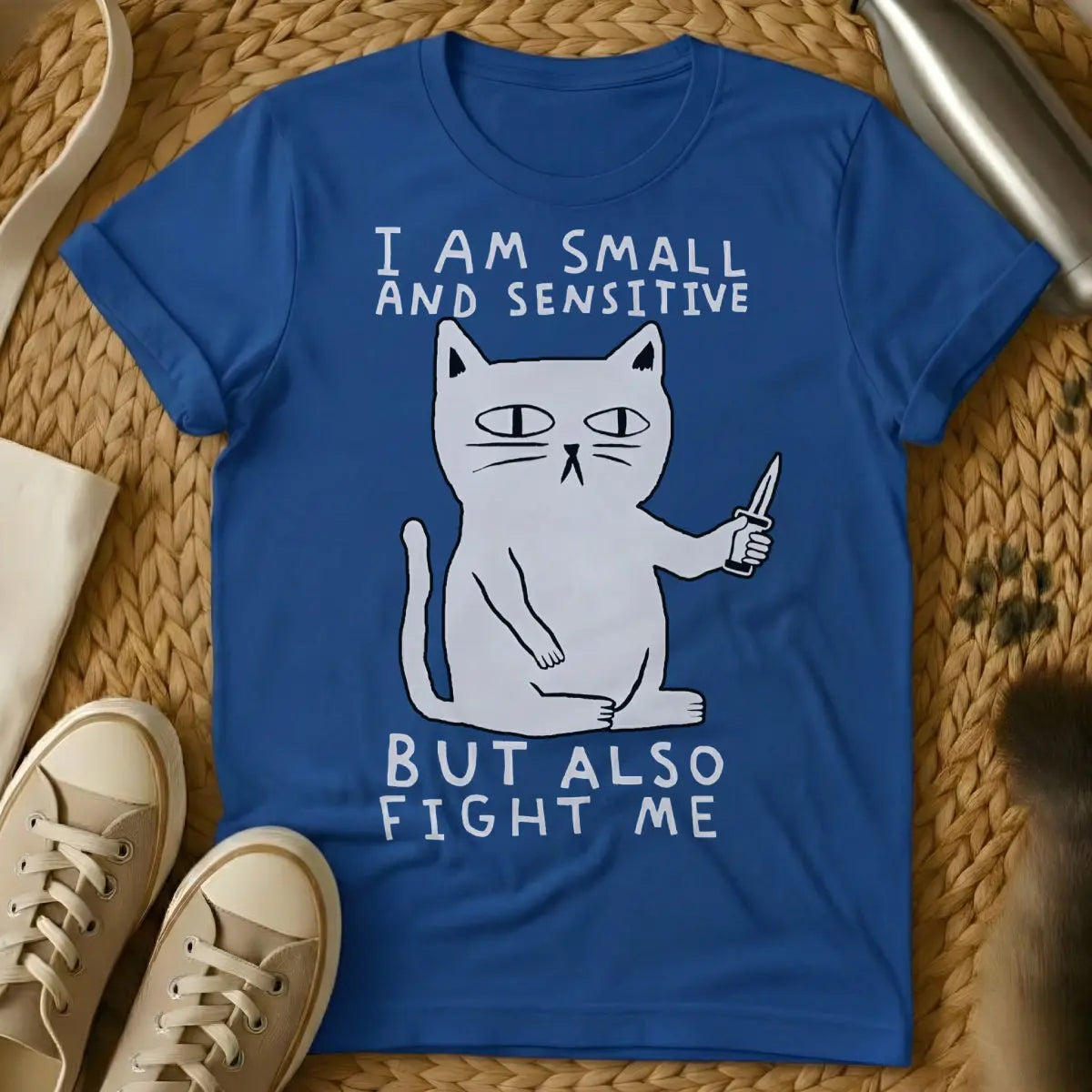 Fight Me Shirt - Blue T-Shirt - confrontational cat, grumpy cat core, mood matching pet