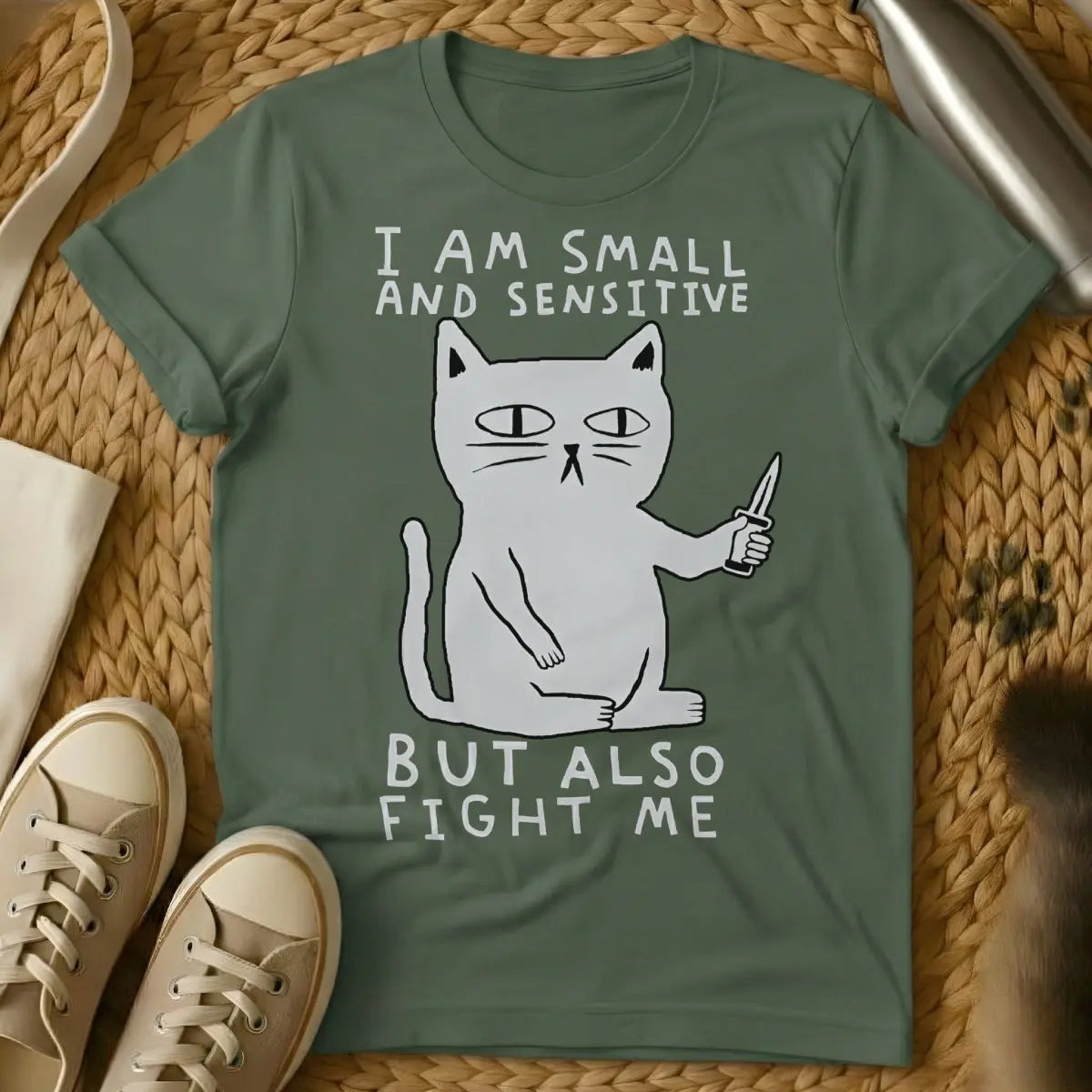 Fight Me Shirt - Military Green T-Shirt - confrontational cat, grumpy cat core, mood matching pet