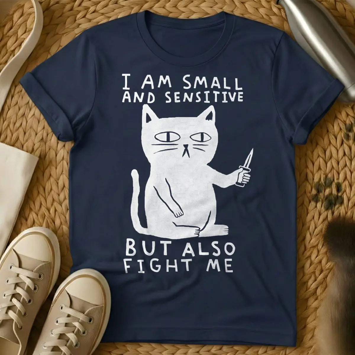 Fight Me Shirt - Navy T-Shirt - confrontational cat, grumpy cat core, mood matching pet