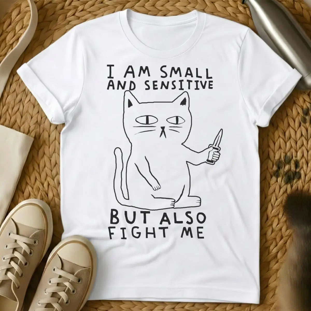 Fight Me Shirt - White T-Shirt - confrontational cat, grumpy cat core, mood matching pet