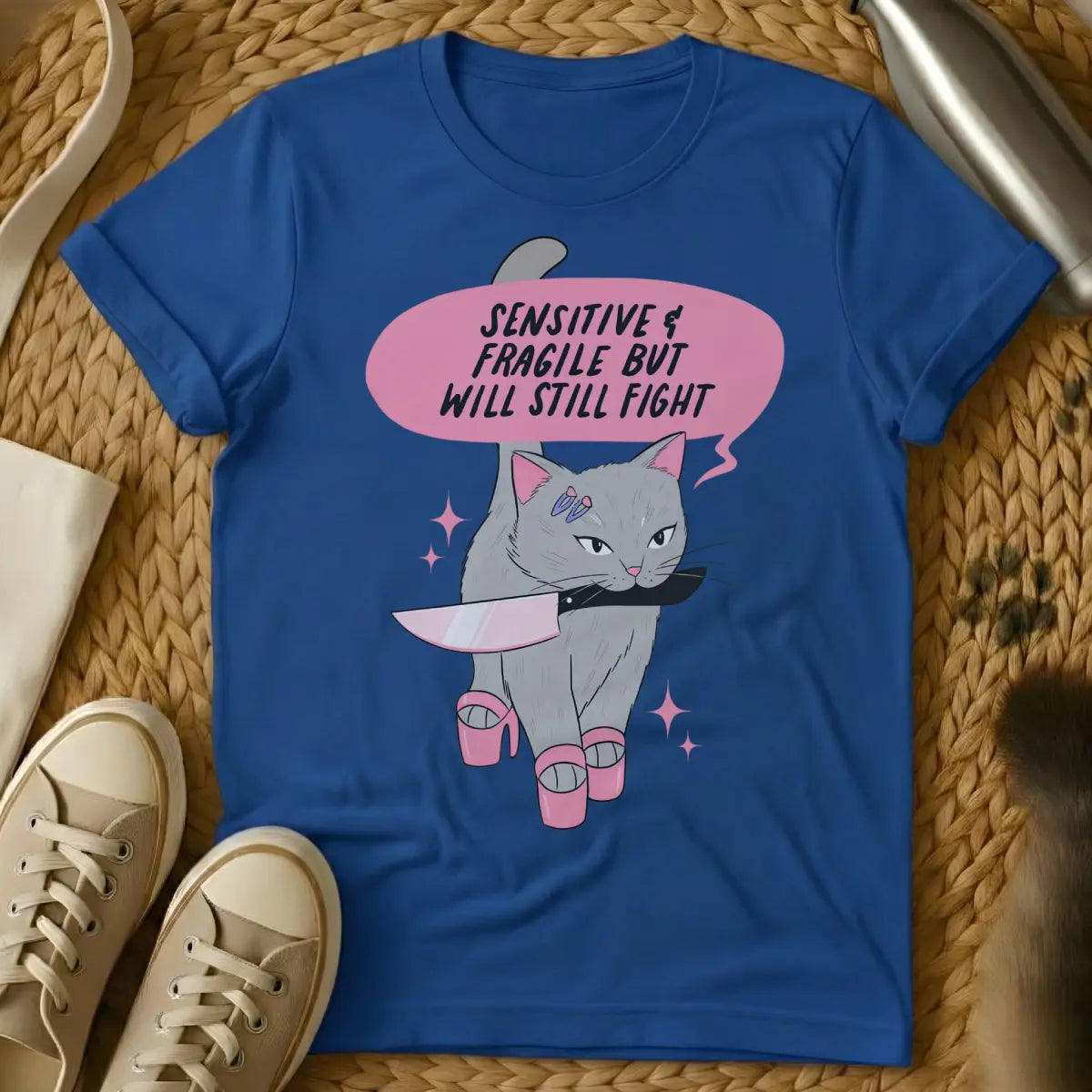Fragile Cat Shirt - Blue T-Shirt - cat parent struggles, mischievous cat art, property damage pet