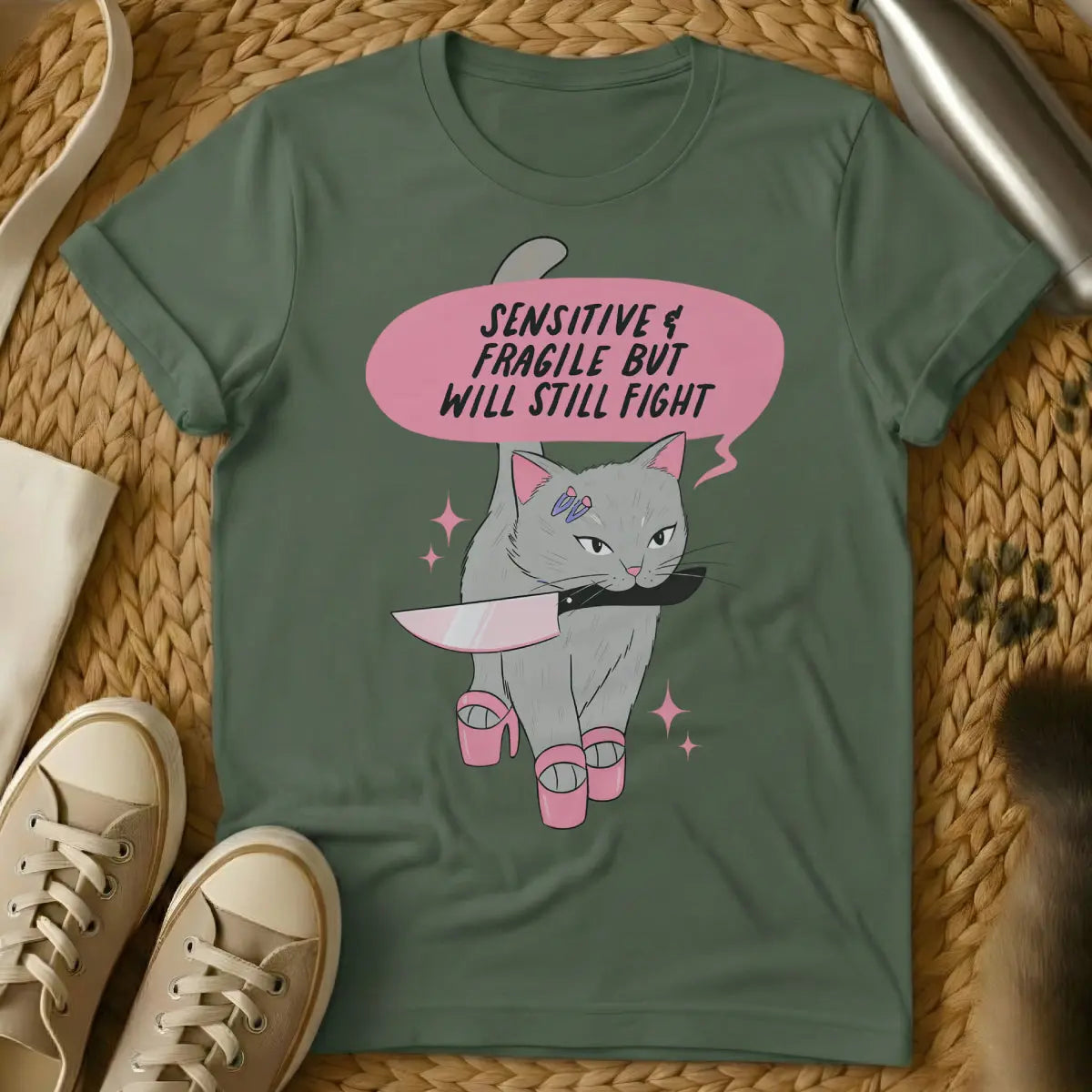 Fragile Cat Shirt - Military Green T-Shirt - cat parent struggles, mischievous cat art, property damage pet