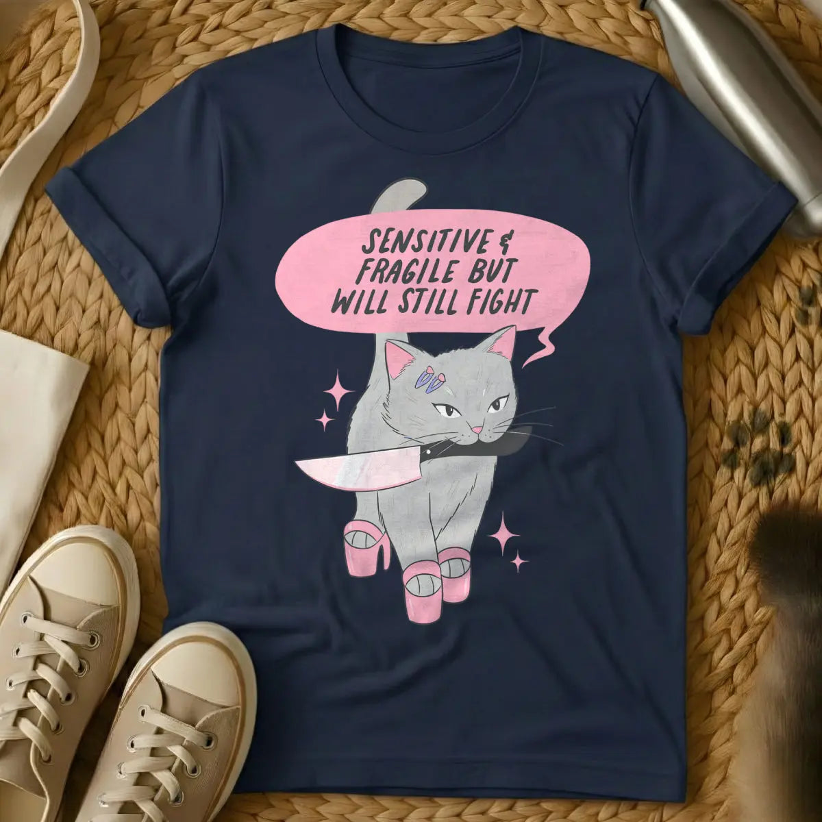 Fragile Cat Shirt - Navy T-Shirt - cat parent struggles, mischievous cat art, property damage pet