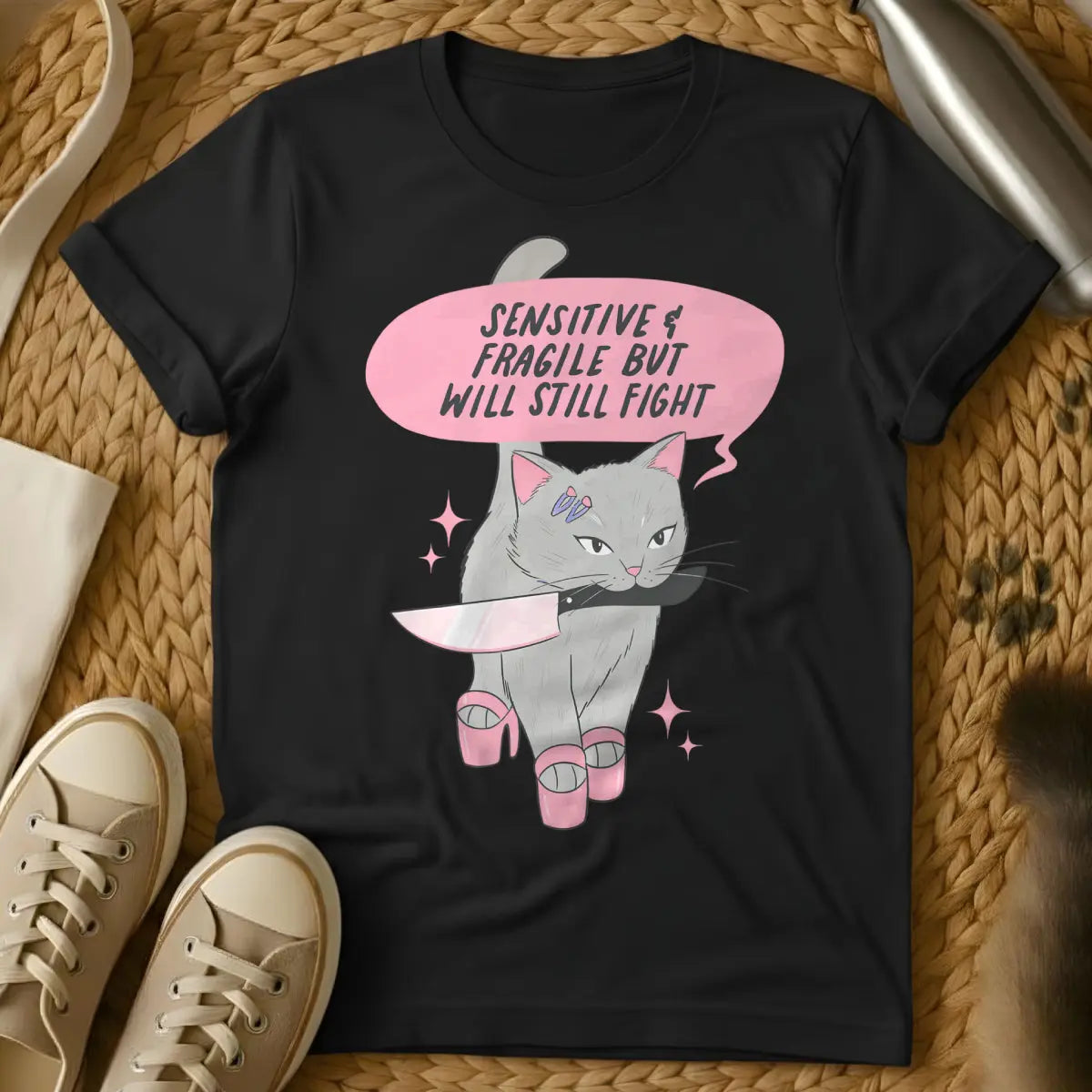 Fragile Cat Shirt - Black T-Shirt - cat parent struggles, mischievous cat art, property damage pet