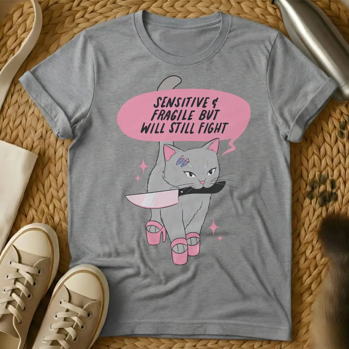 Fragile Cat Shirt - Gray T-Shirt - cat parent struggles, mischievous cat art, property damage pet