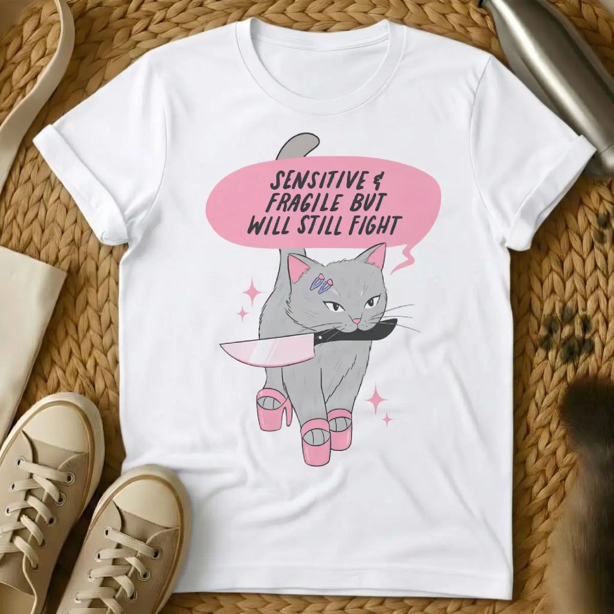 Fragile Cat Shirt - White T-Shirt - cat parent struggles, mischievous cat art, property damage pet