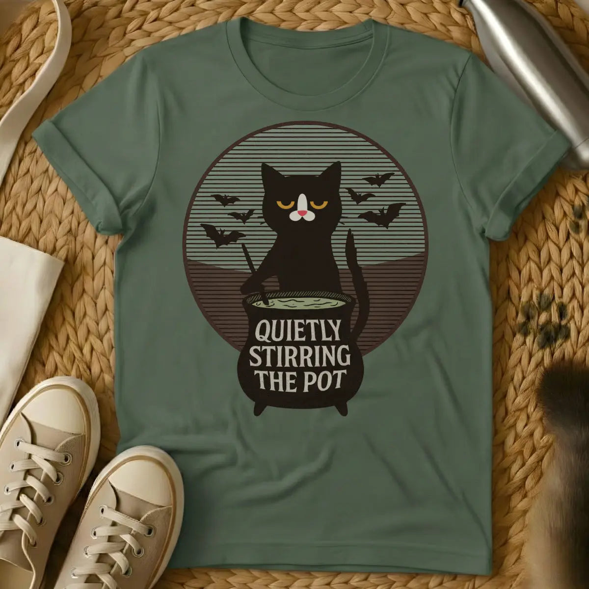 Stir the Pot Cat Shirt - Military Green Cat T-Shirt
