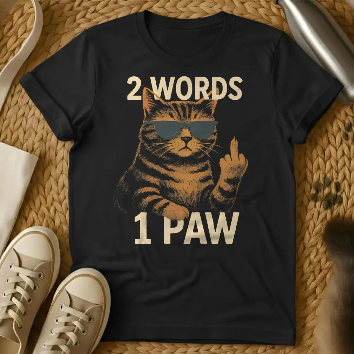 2 Words One Finger Cat Tee - Black T-Shirt - defiant feline apparel, middle finger feline, punk rock pet