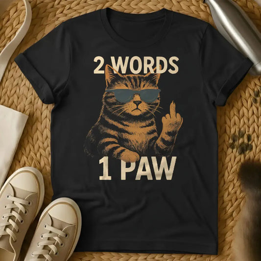2 Words One Finger Cat Tee - Black T-Shirt - defiant feline apparel, middle finger feline, punk rock pet