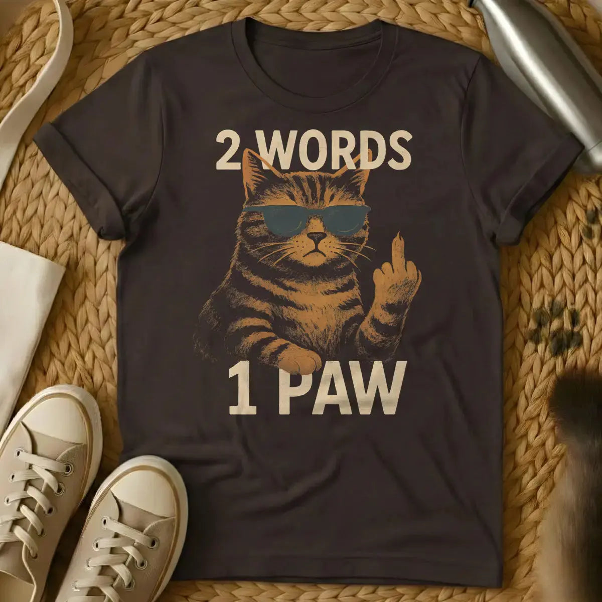 2 Words One Finger Cat Tee - Dark Chocolate T-Shirt - defiant feline apparel, middle finger feline, punk rock pet