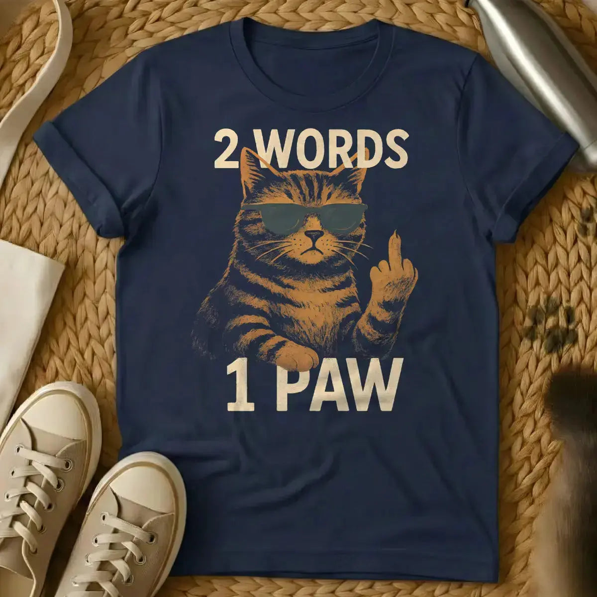 2 Words One Finger Cat Tee - Navy T-Shirt - defiant feline apparel, middle finger feline, punk rock pet