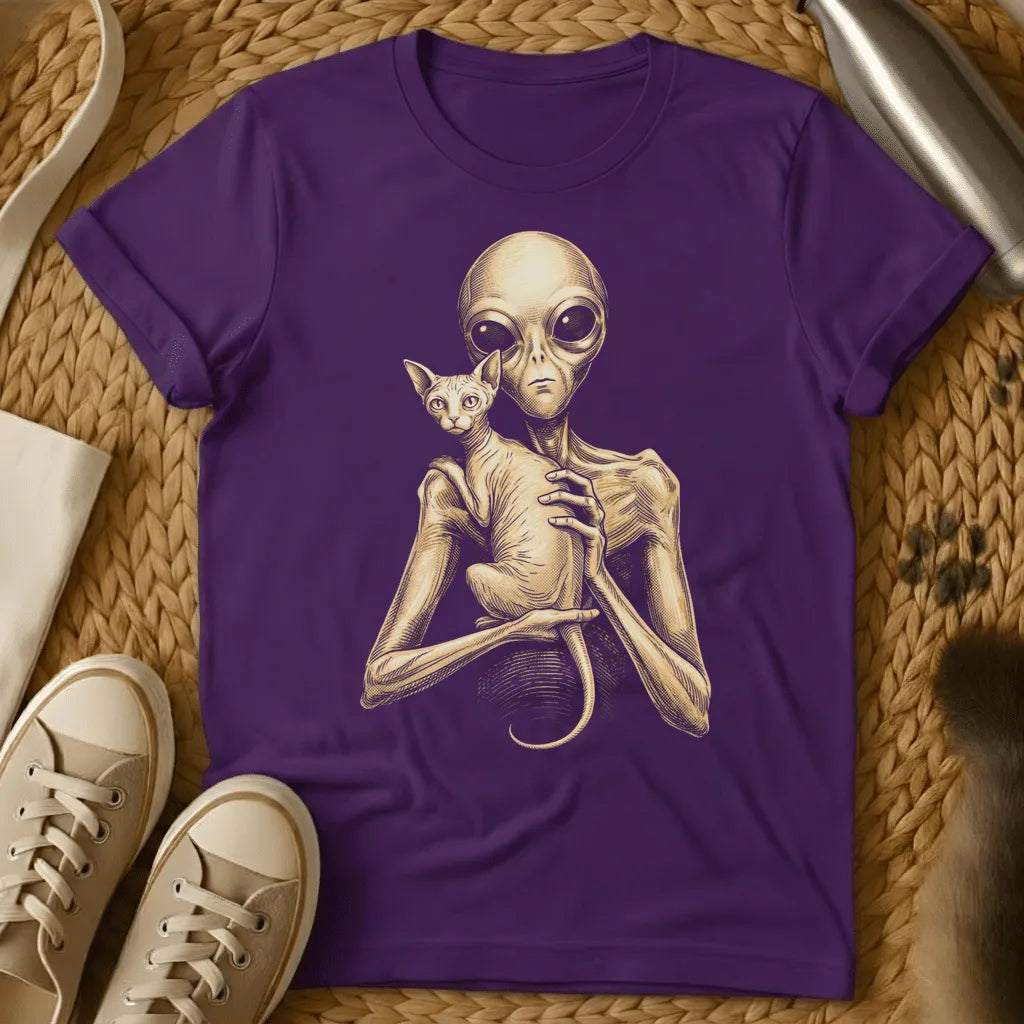 Purple - Dark gray t-shirt with sepia engraving of a gray alien holding a hairless Sphynx cat against its chest