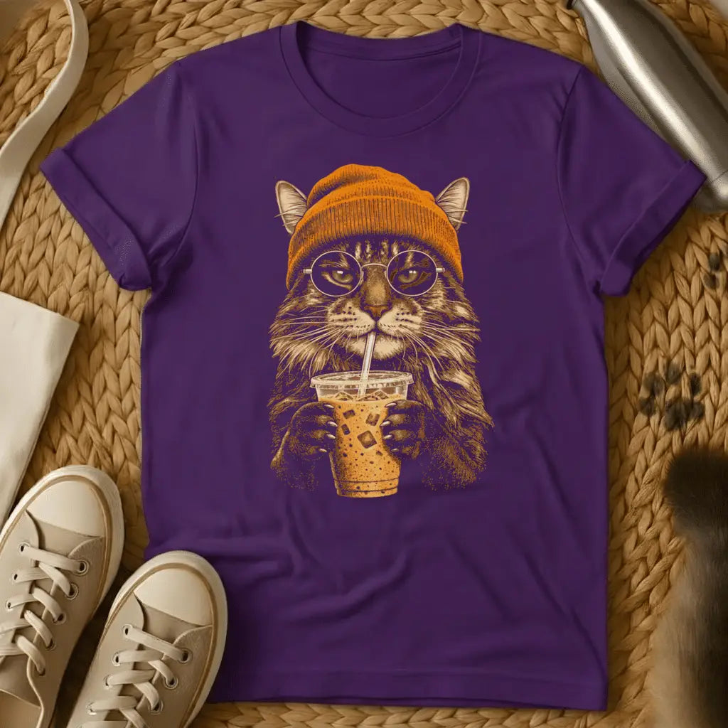 Purple - Dark gray t-shirt with sepia illustration of a fluffy cat in an orange beanie and round glasses sipping iced coffee through a straw