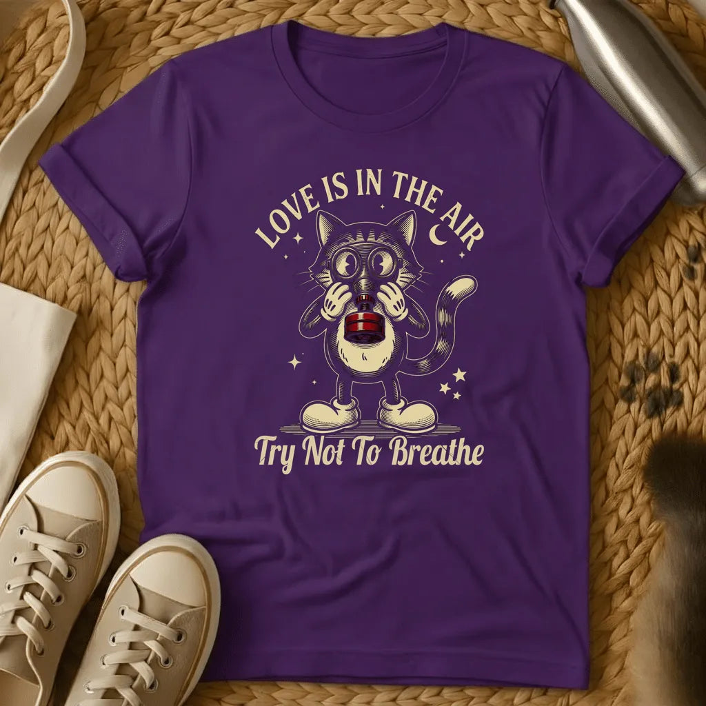 Purple - Dark heather t-shirt with a vintage cartoon cat wearing a gas mask and goggles, stars and crescent moon, retro anti-Valentine design