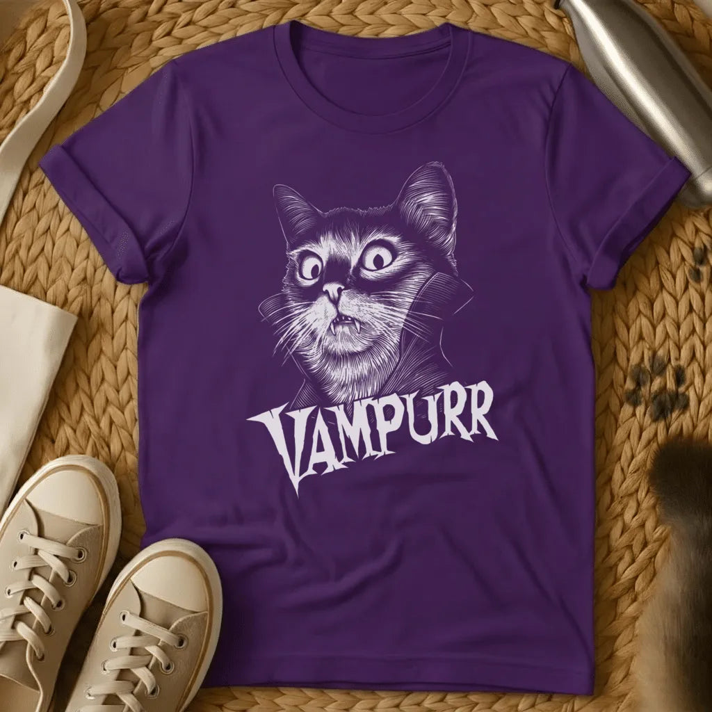 Purple - Gray t-shirt with black ink engraving of a wide-eyed fanged cat in a vampire cape collar above the text VAMPURR