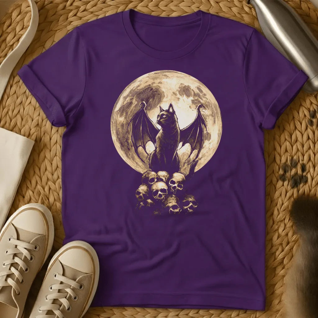Purple - Dark gray t-shirt with gothic bat illustration perched on skulls against a full moon backdrop, printed in cream and black tones