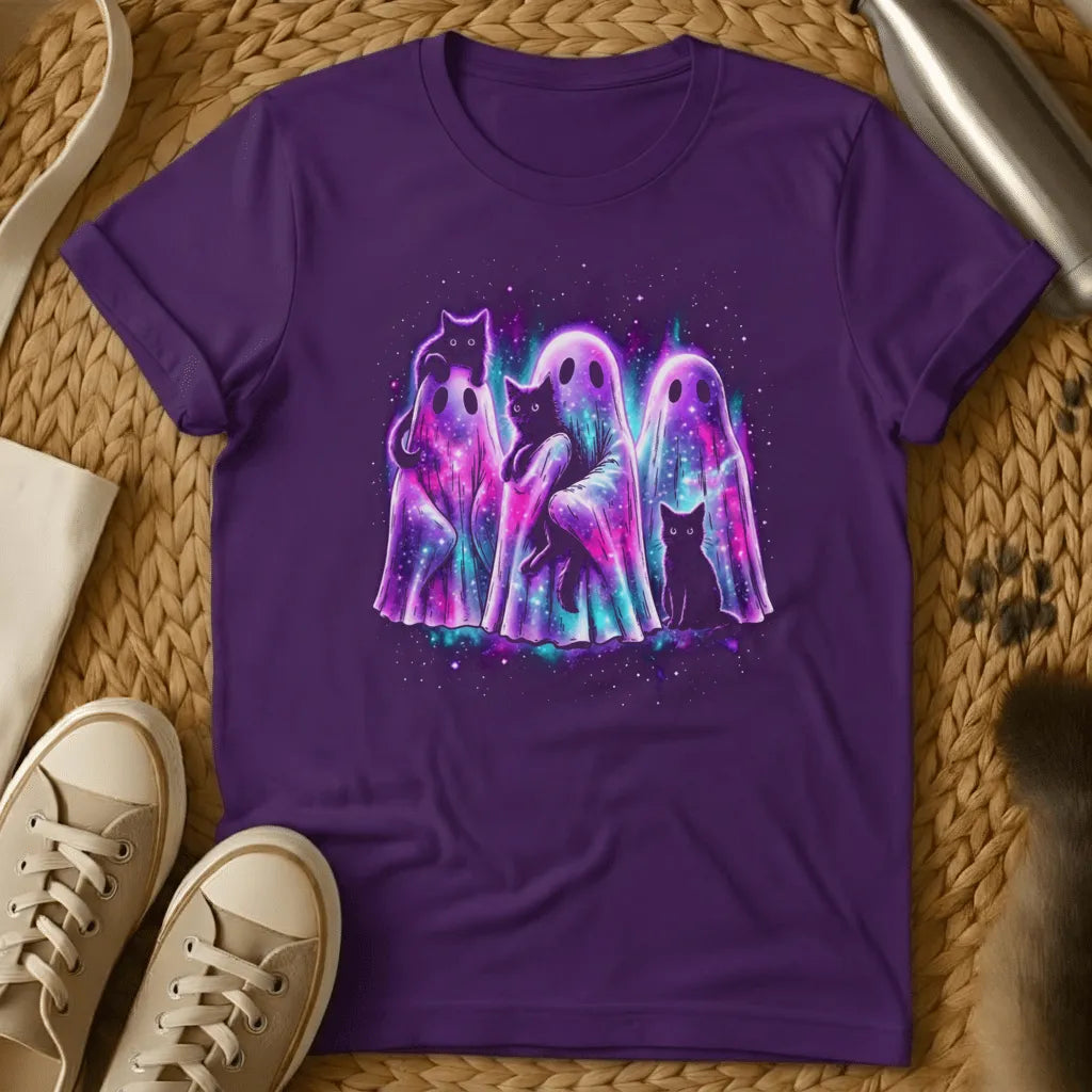 Purple - Black t-shirt with neon glowing ghosts and black cats in purple and cyan galaxy colors on a dark starry background