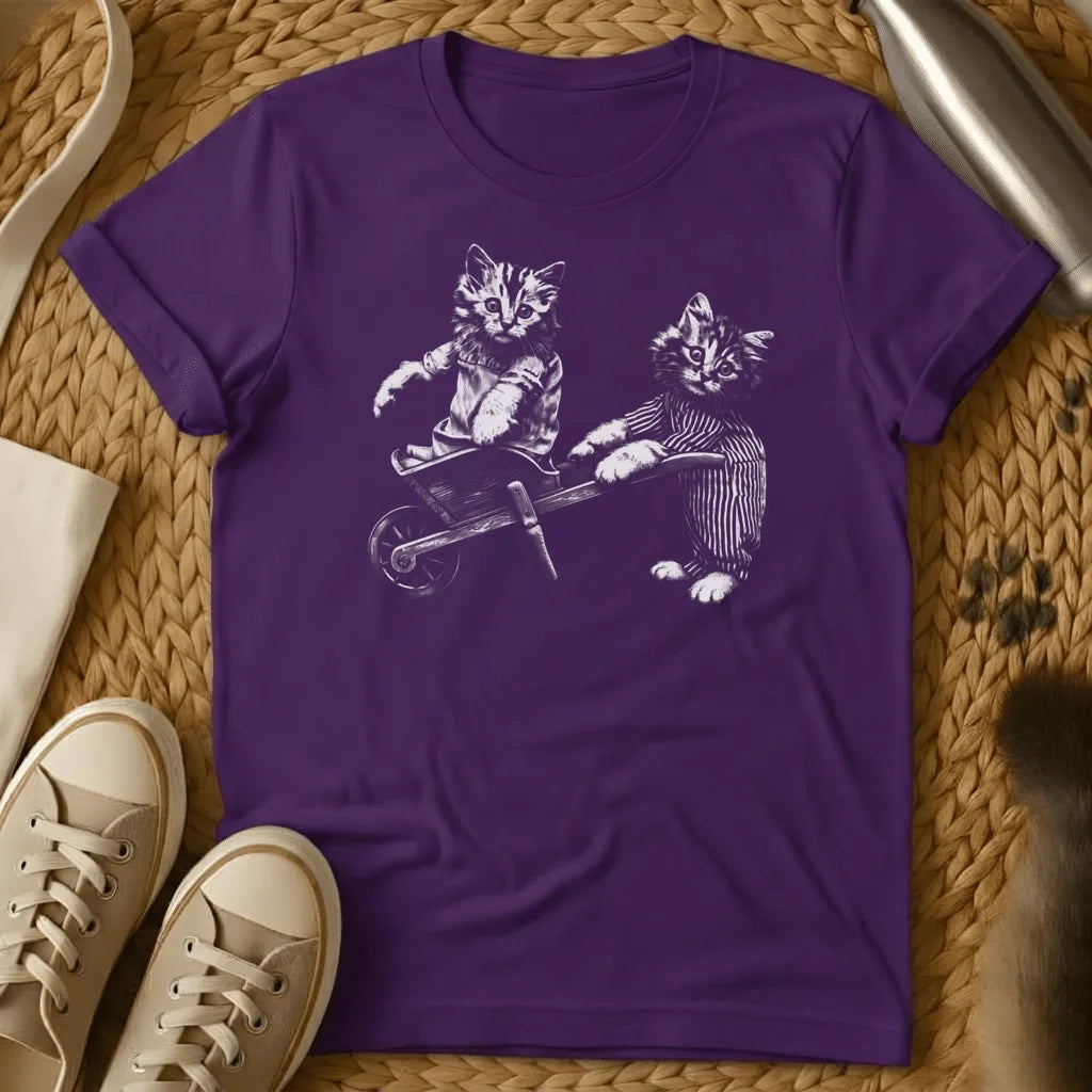 Purple - Dark heather grey t-shirt with black and white vintage illustration of two suited kittens with a small wheelbarrow