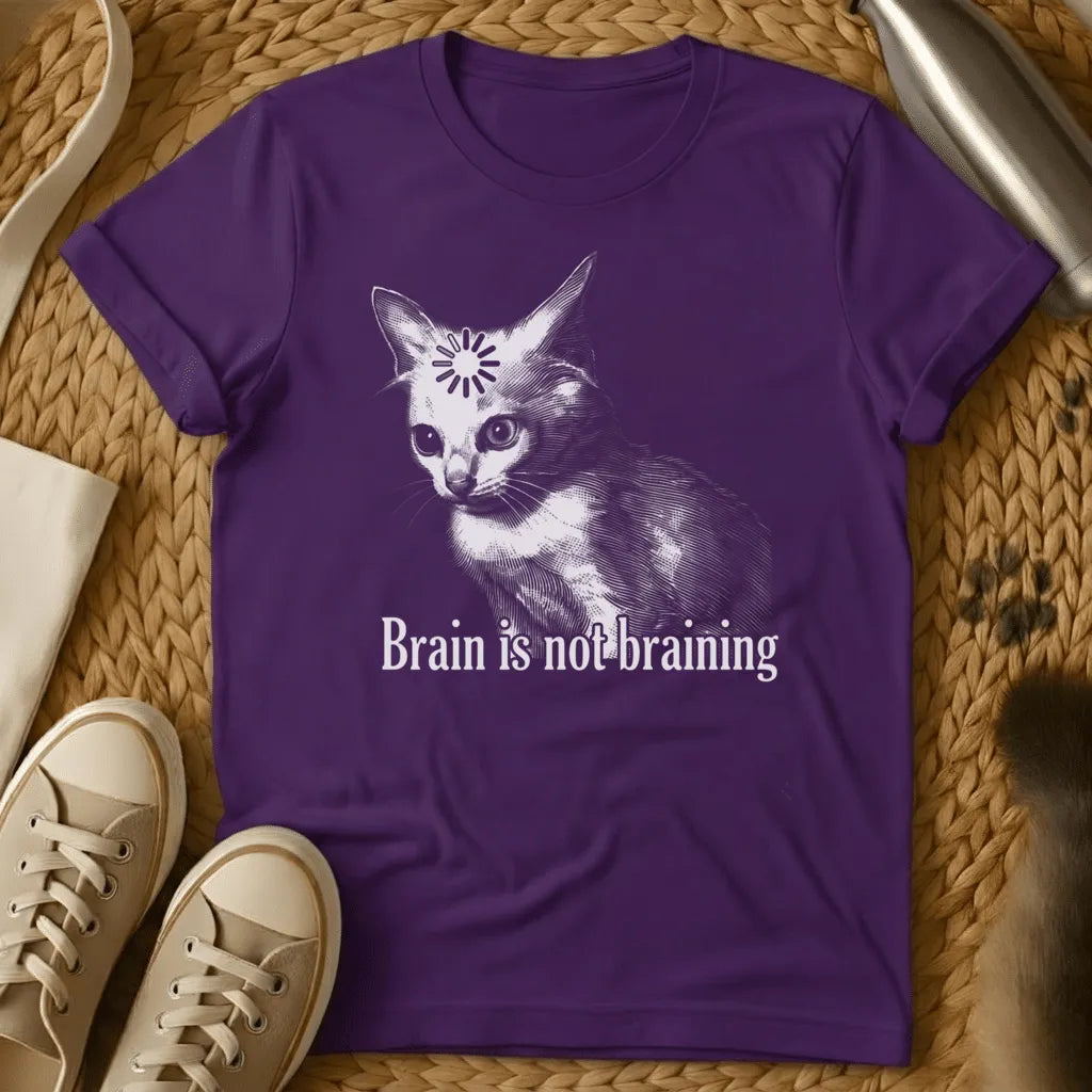 Purple - Dark heather grey t-shirt with vintage engraving cat featuring a loading spinner on its forehead and text Brain is not braining