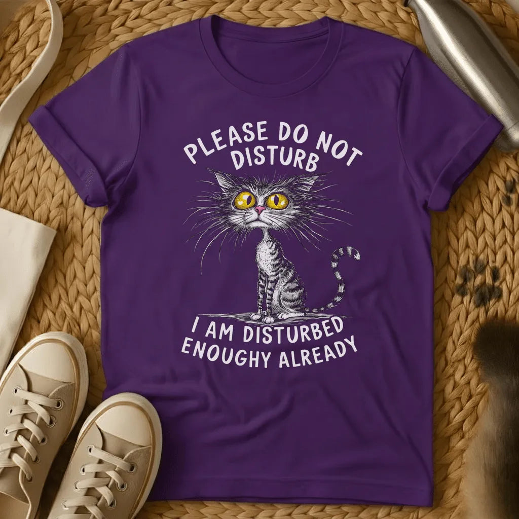 Purple - Dark heather grey t-shirt with a sketchy wild-eyed tabby cat and humorous do not disturb slogan text
