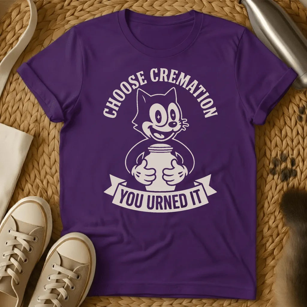 Purple - Military green t-shirt with retro cartoon cat holding a cremation urn, arched text reading Choose Cremation and banner reading You Urned It