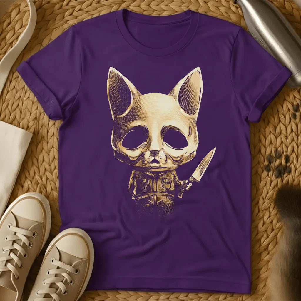 Purple - Dark grey t-shirt with a golden engraving of a skeletal cat skull in a utility jacket holding a large knife