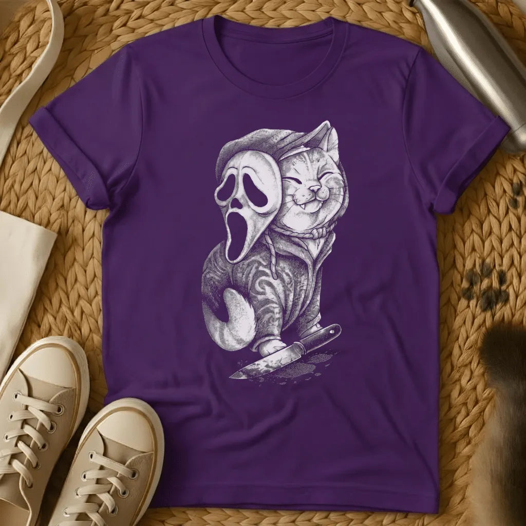 Purple - Dark heather t-shirt with pencil art of a grinning cat lifting a ghost scream mask holding a bloody knife