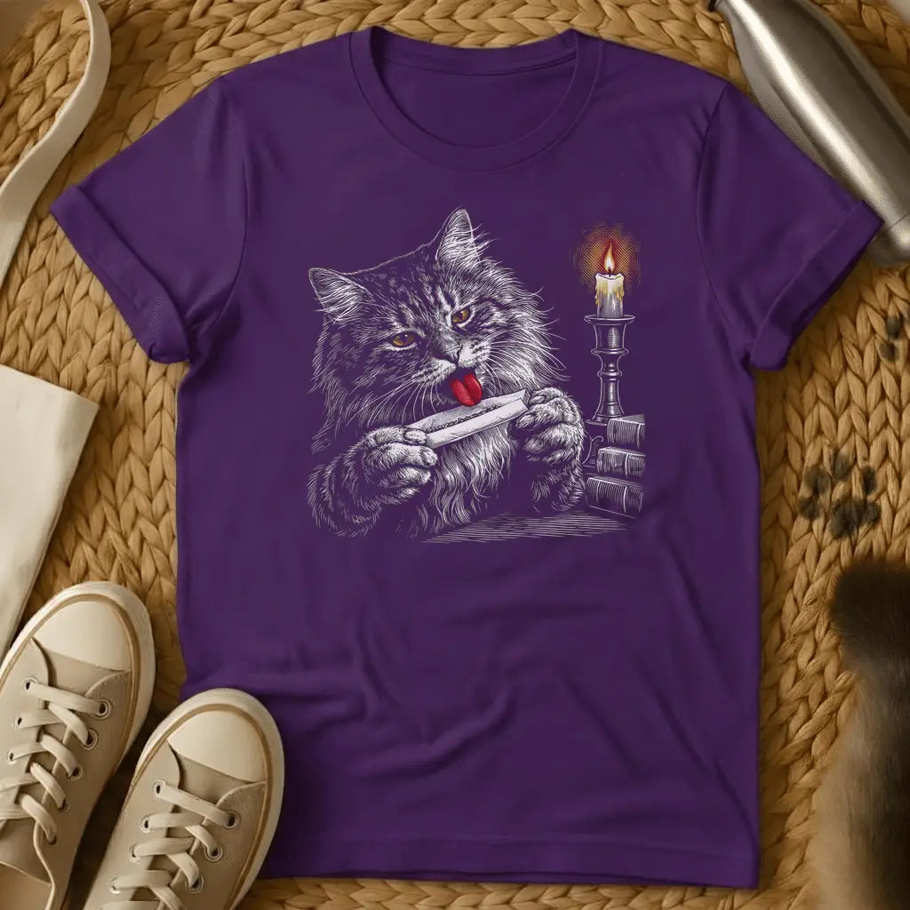 Purple - Dark heather t-shirt with engraved fluffy cat licking a rolled joint held in both paws beside a lit candlestick and stack of books