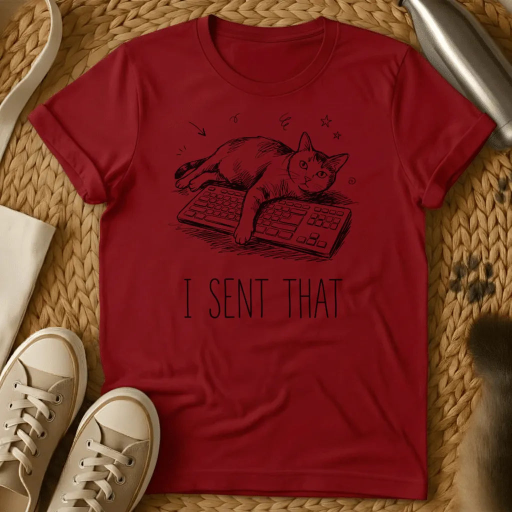 Red - Olive green t-shirt with black line drawing of a cat on keyboards and text reading "I SENT THAT
