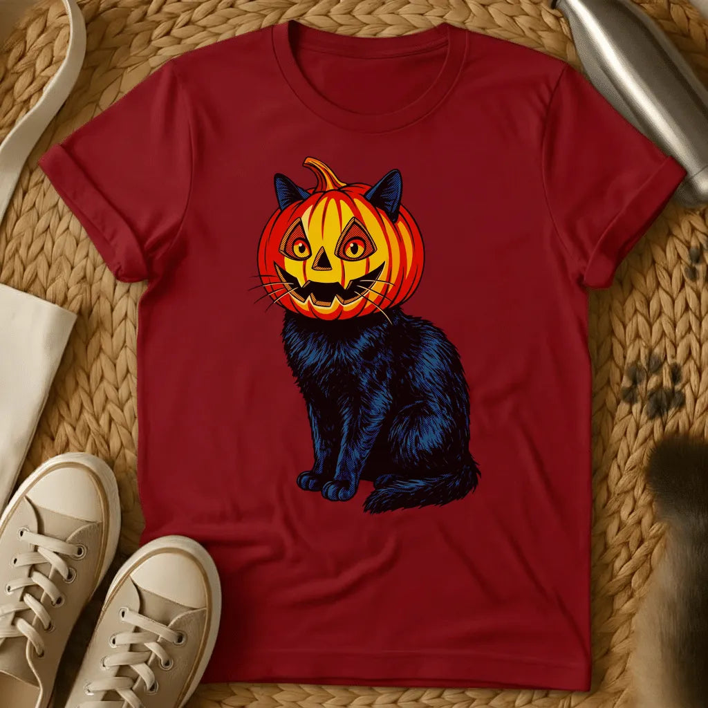 Red - Black cat wearing a carved jack-o'-lantern pumpkin head with yellow face and blue ears on sage green t-shirt