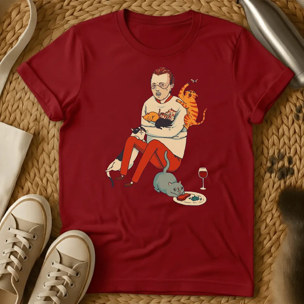 Red - Man surrounded by multiple cats in humorous illustration style on olive green t-shirt