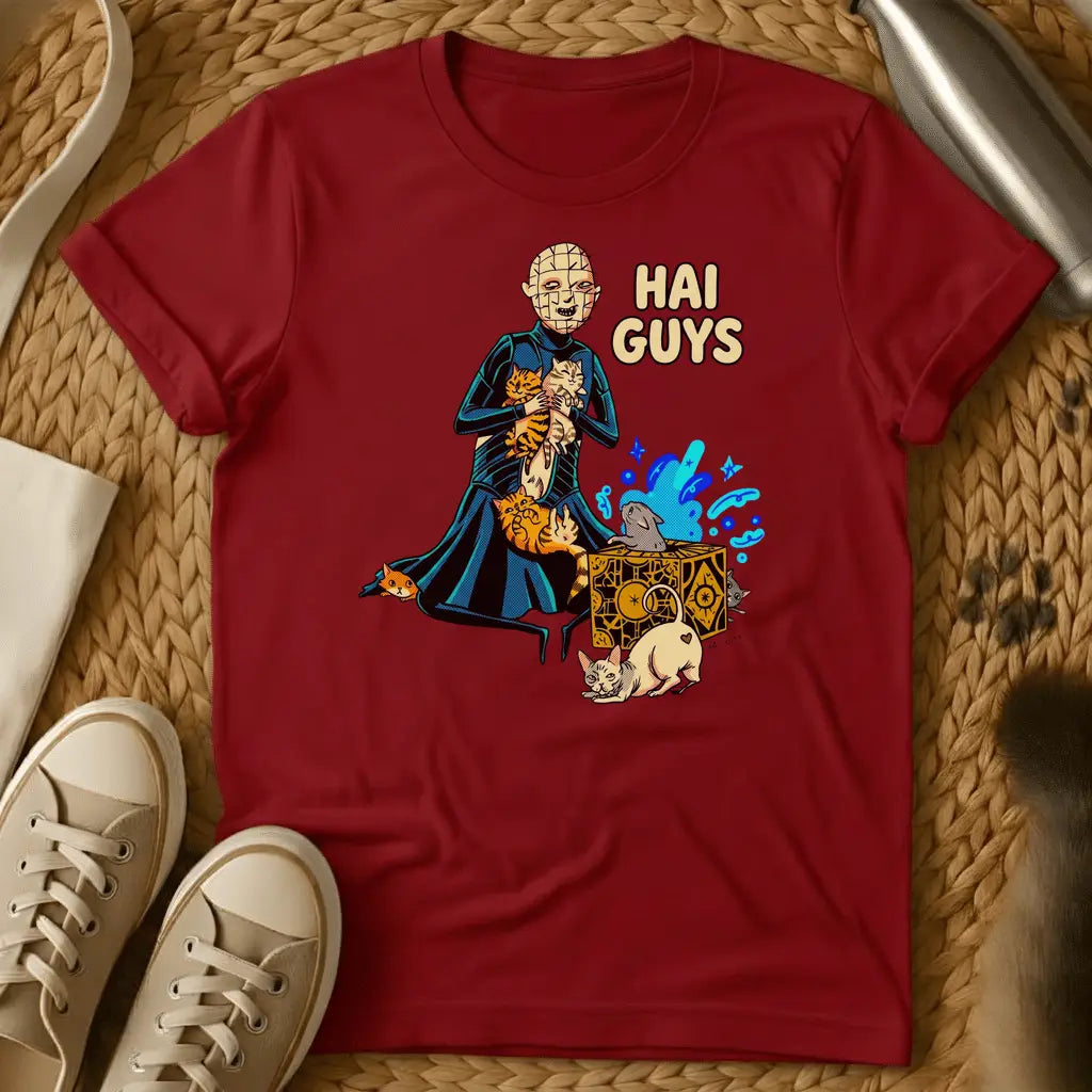 Red - Olive green t-shirt featuring an illustrated character holding cats with magical effects and "HAI GUYS" text in anime style.