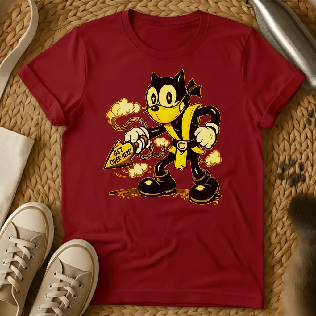 Red - Green t-shirt with a retro rubber-hose cartoon cat in ninja gear throwing a rope spear reading Get Over Here surrounded by smoke clouds