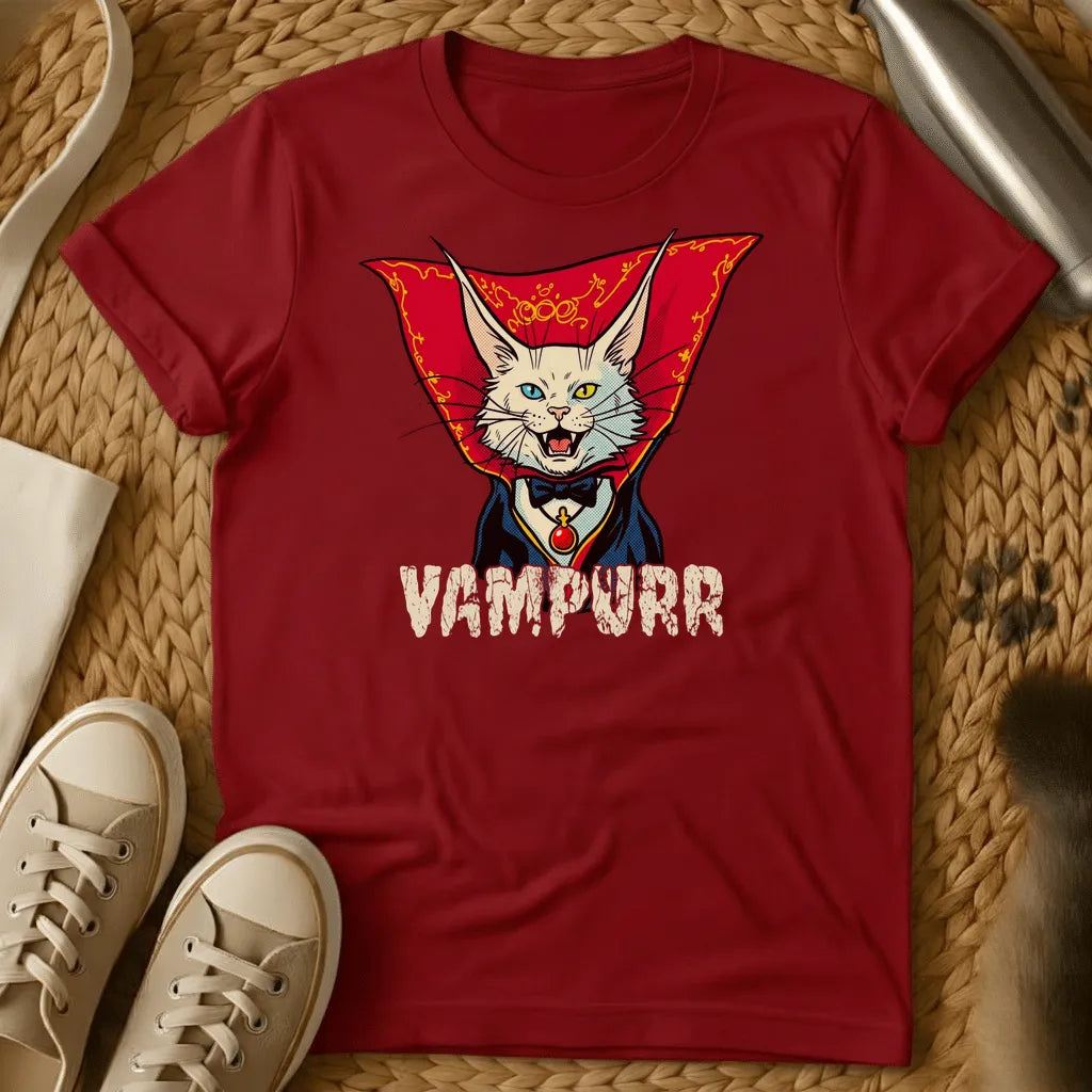 Red - Dark gray t-shirt featuring a vampire cat illustration with red cape, blue eyes, and fangs, with "VAMPURR" text below.