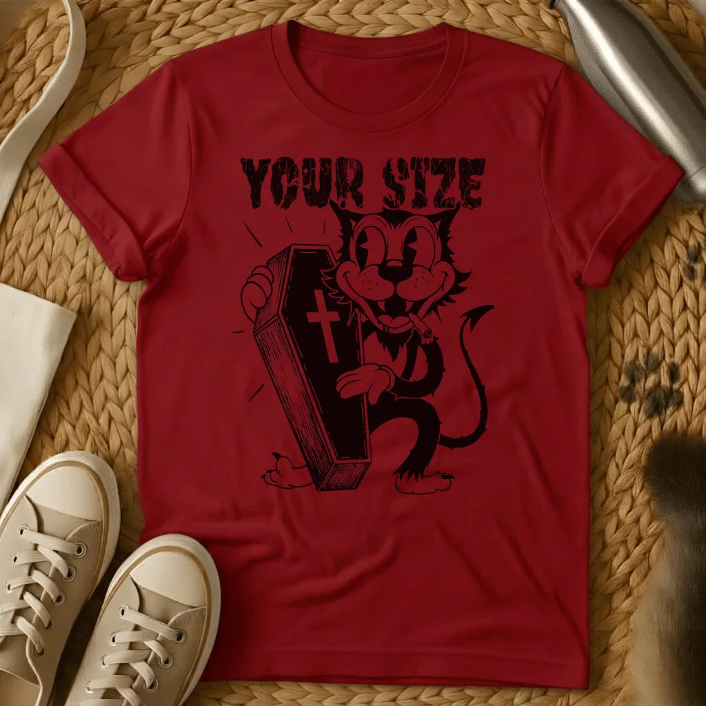 Red - Navy blue t-shirt with white graphic of cartoon cat holding coffin with cross, text reads "YOUR SIZE" in distressed font style