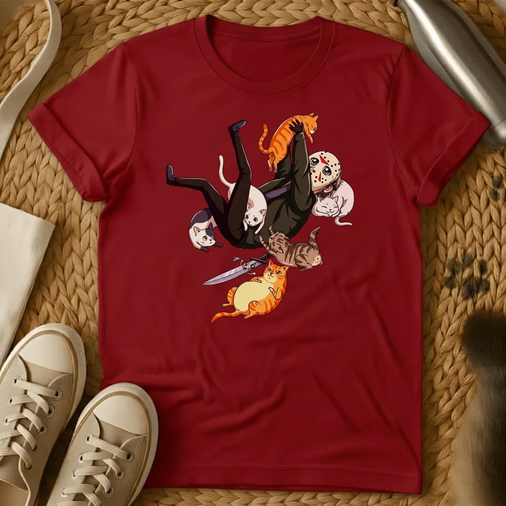 Red - A person in black falling surrounded by colorful cats and a knife on a sage green t-shirt in cartoon style