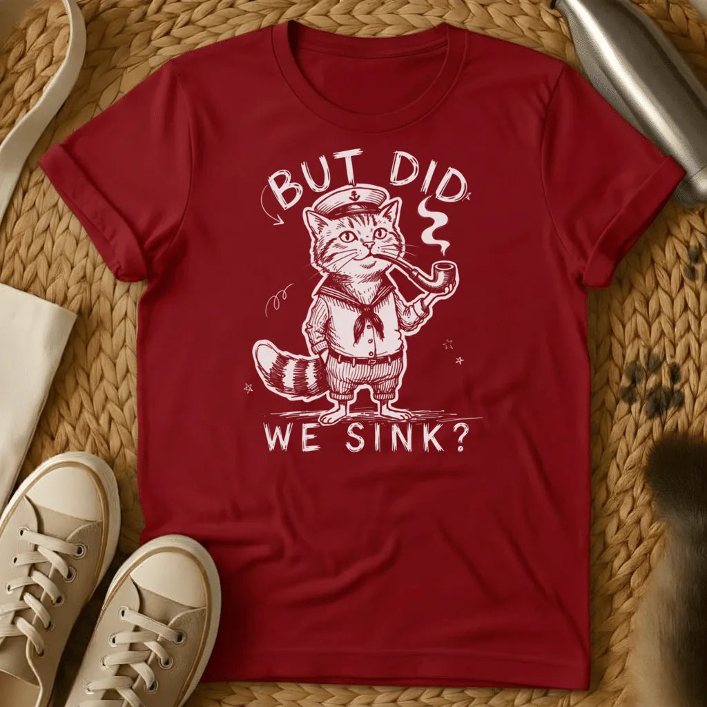 Red - Dark grey t-shirt with a vintage engraving of a pipe-smoking tabby cat in sailor uniform and anchor captain hat, text reads But Did We Sink