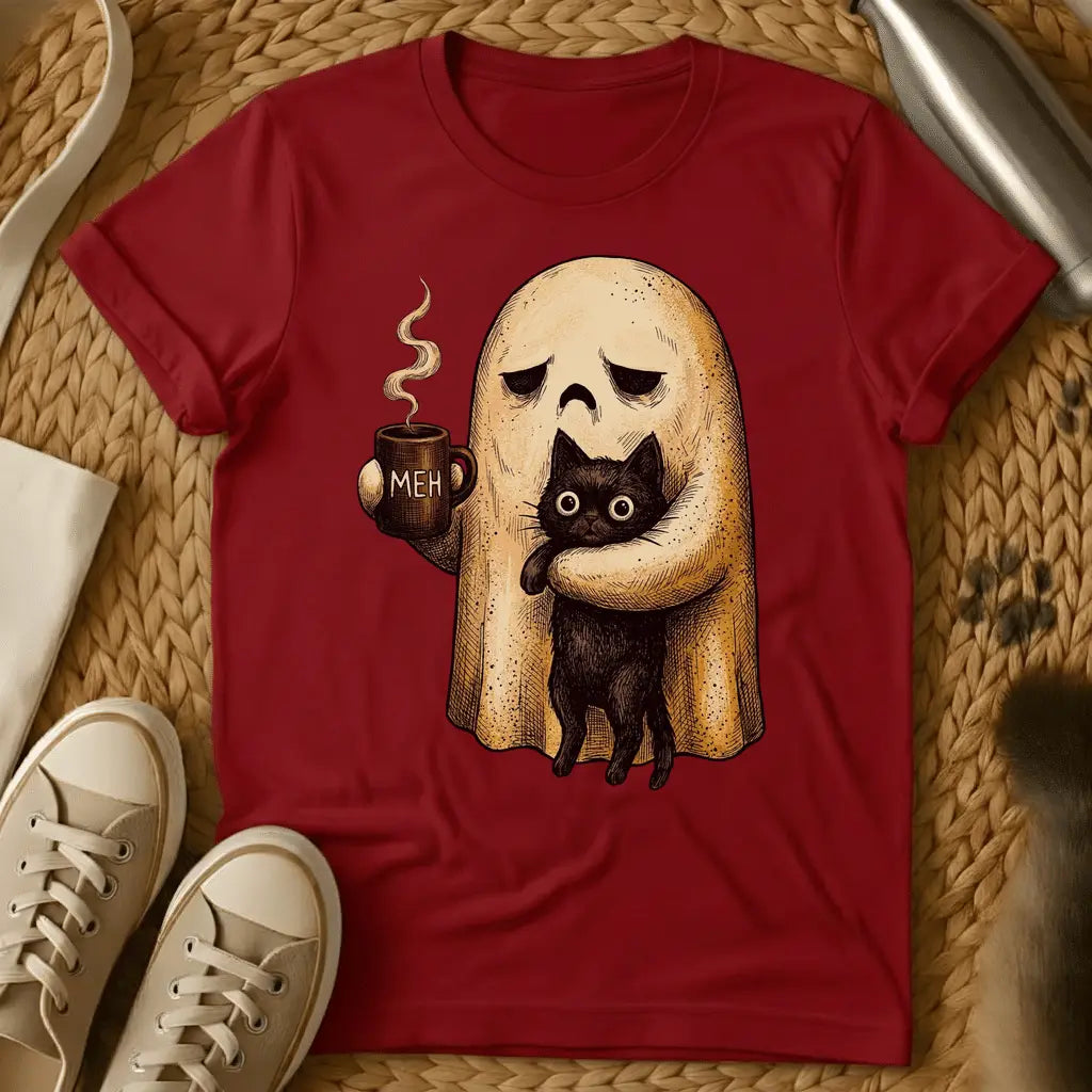 Red - Ghost holding coffee mug with black cat, saying "MEH" on sage green t-shirt, illustrated style