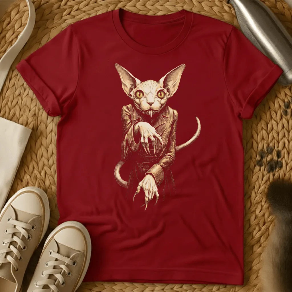 Red - Dark gray t-shirt with tan and cream illustration of a hairless Sphynx cat wearing clothes, displayed flat on woven background with sneakers