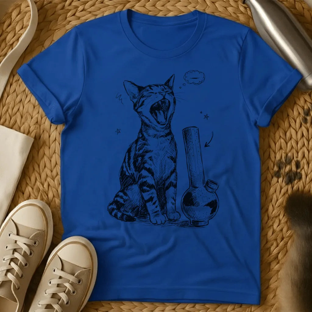 Royal - Military green t-shirt with black ink sketch of a yawning tabby cat sitting next to a bong with stars and empty thought bubble