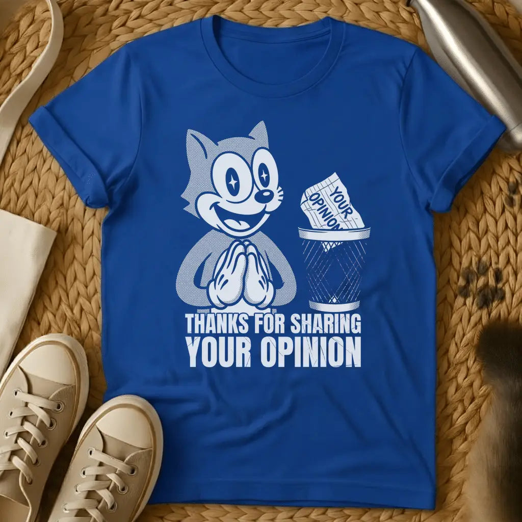 Royal - Military green t-shirt with retro cartoon cat grinning as a paper labeled Your Opinion lands in a wire trash can