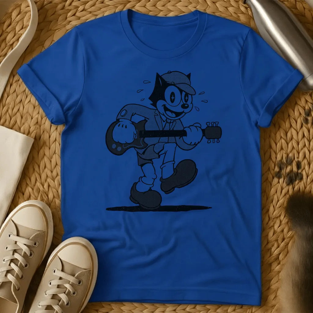 Royal - Dark brown t-shirt with a cream retro 1930s cartoon cat in a newsboy cap and suit playing electric guitar mid-stride