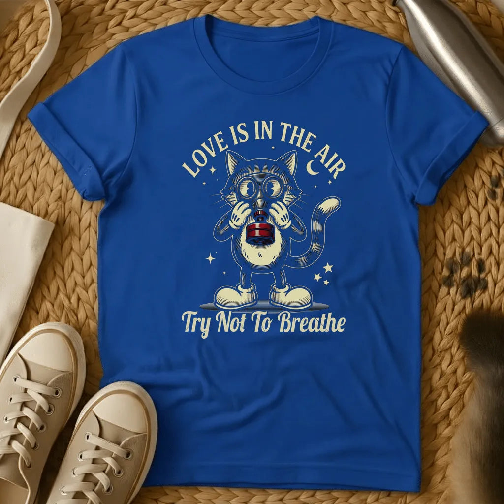 Royal - Dark heather t-shirt with a vintage cartoon cat wearing a gas mask and goggles, stars and crescent moon, retro anti-Valentine design
